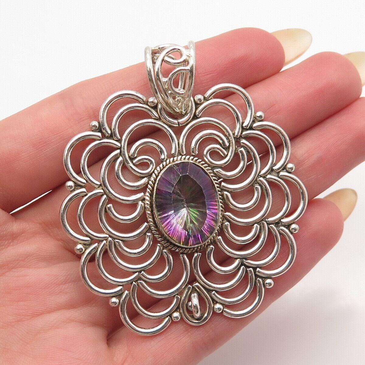 925 Sterling Silver Real Mystic Quartz Modernist Large Pendant