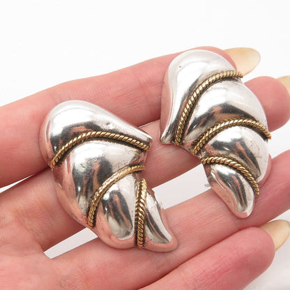 925 Sterling Silver 2-Tone Vintage Mexico Ribbed Shell Clip-On Earrings