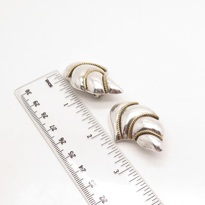 925 Sterling Silver 2-Tone Vintage Mexico Ribbed Shell Clip-On Earrings