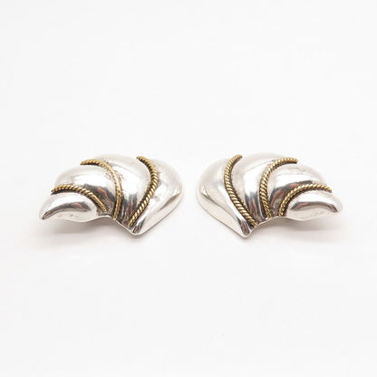 925 Sterling Silver 2-Tone Vintage Mexico Ribbed Shell Clip-On Earrings