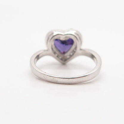 925 Sterling Silver Vintage Purple & White C Z Heart Ring Size 6.75