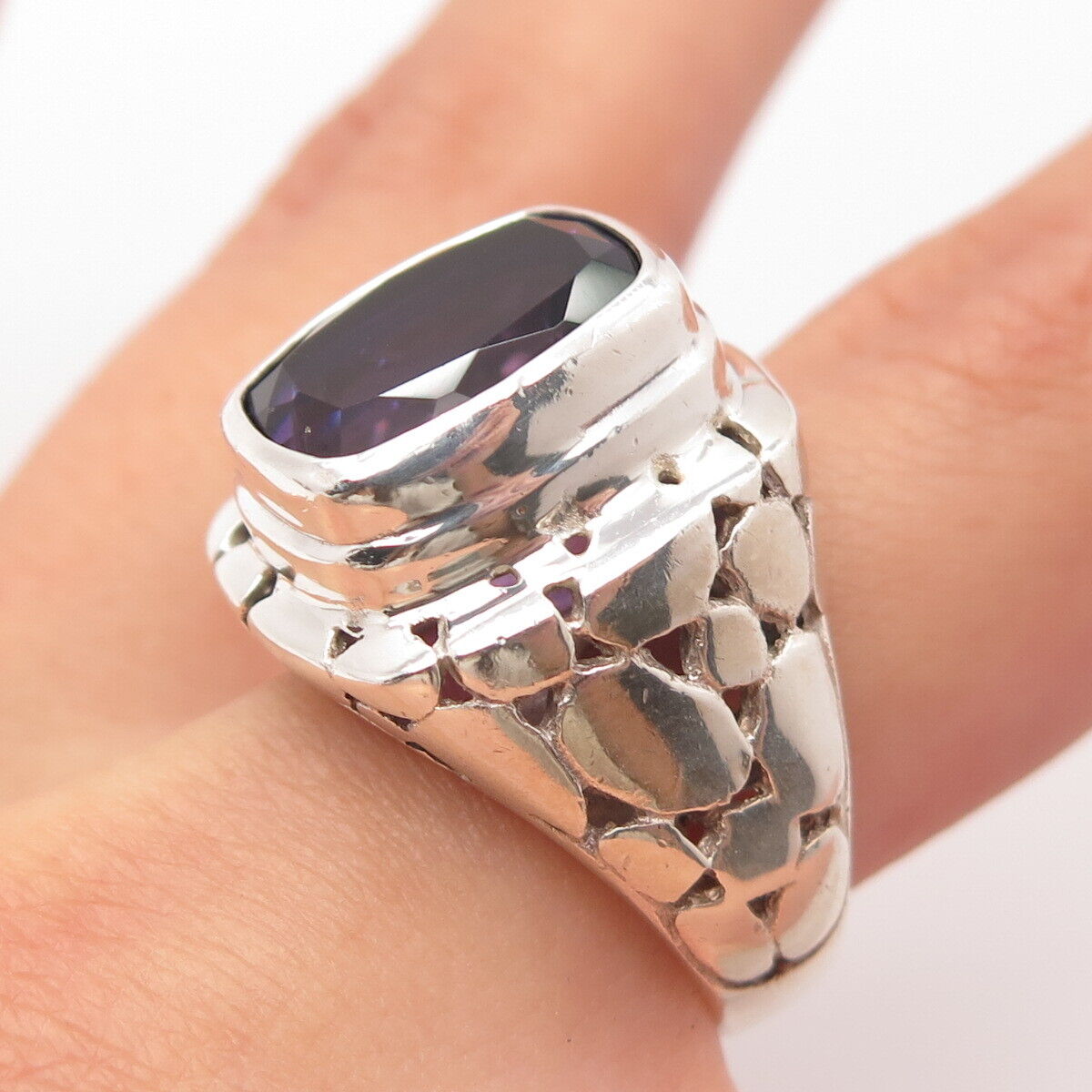 925 Sterling Silver Vintage AF Real Amethyst Gemstone Pebble Ring Size 7.75