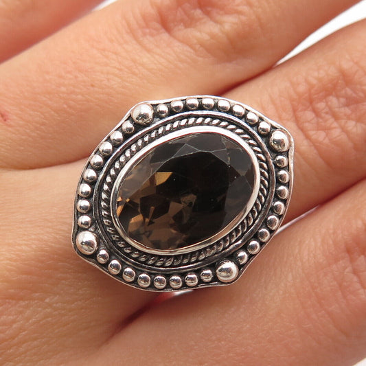 925 Sterling Silver Vintage Real Smoky Quartz Beaded Ring Size 7.25