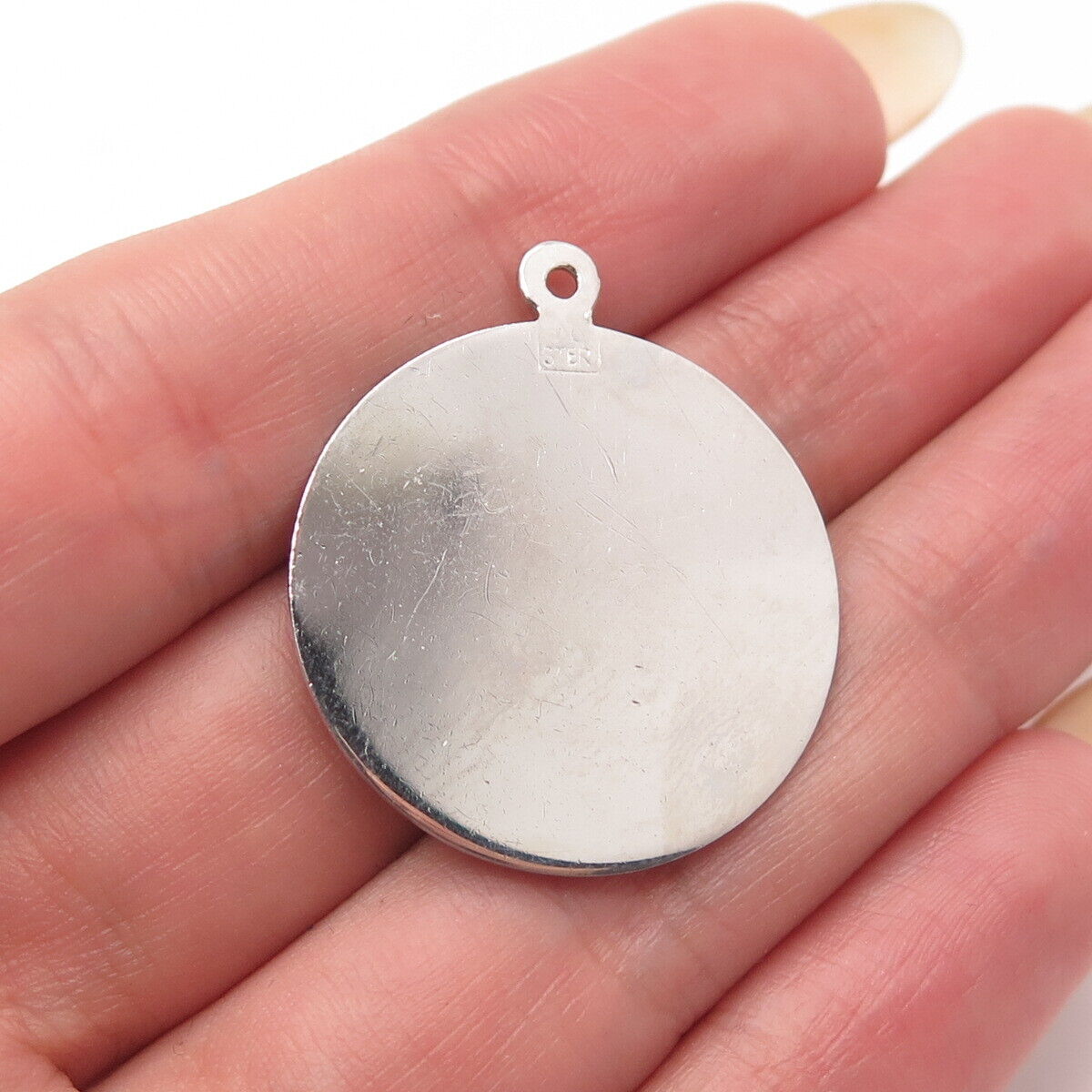 925 Sterling Silver Vintage Glass «Merry Christmas” Bells Round Pendant