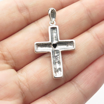 925 Sterling Silver Vintage Real Black Spinel Gem Religious Cross Pendant