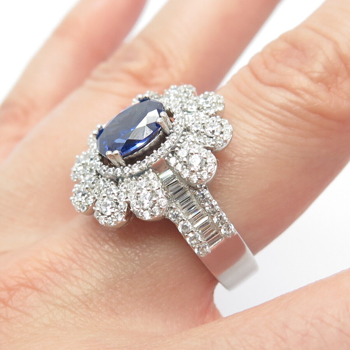 925 Sterling Silver Real Tanzanite & White C Z Floral Ring Size 8