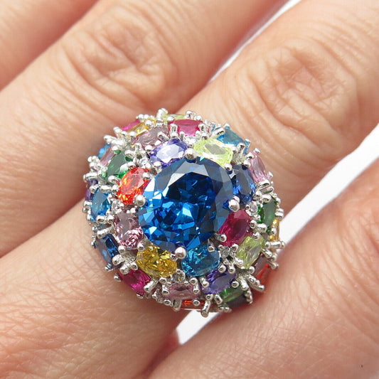925 Sterling Silver Multi-Color C Z Wide Round Ring Size 8