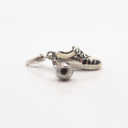 925 Sterling Silver Vintage Enamel Soccer Ball & Sneakers Charm Pendant