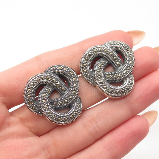 925 Sterling Silver Vintage Real Marcasite Gemstone Knot / Nest Earrings