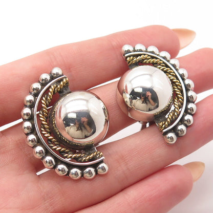 925 Sterling Silver 2-Tone Vintage Mexico Beaded Clip On Earrings