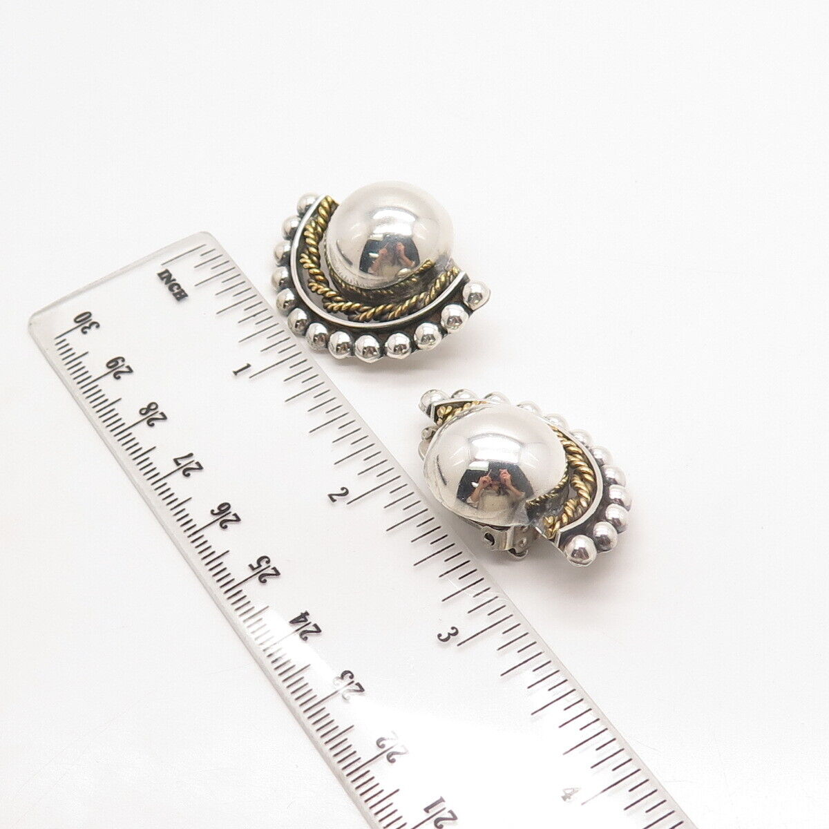 925 Sterling Silver 2-Tone Vintage Mexico Beaded Clip On Earrings