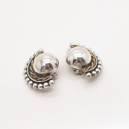 925 Sterling Silver 2-Tone Vintage Mexico Beaded Clip On Earrings