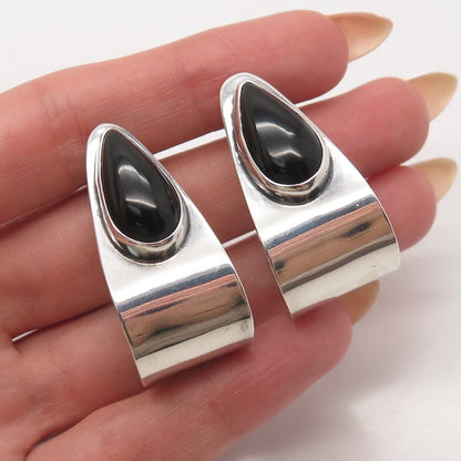 925 Sterling Silver Vintage Mexico Real Black Onyx Gem Modernist Earrings