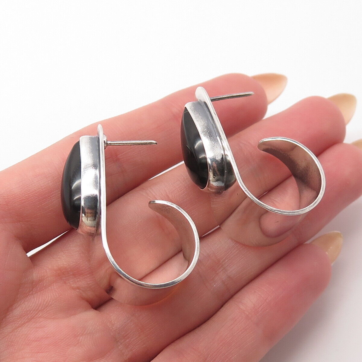 925 Sterling Silver Vintage Mexico Real Black Onyx Gem Modernist Earrings