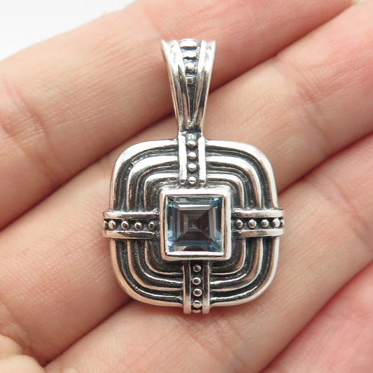 925 Sterling Silver Vintage Real Blue Topaz Gem Beaded Square Pendant