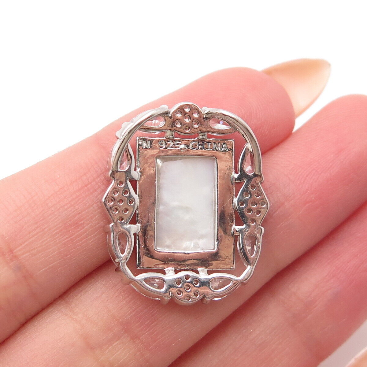 925 Sterling Silver Real Mother-of-Pearl & C Z Religious Theme Pendant