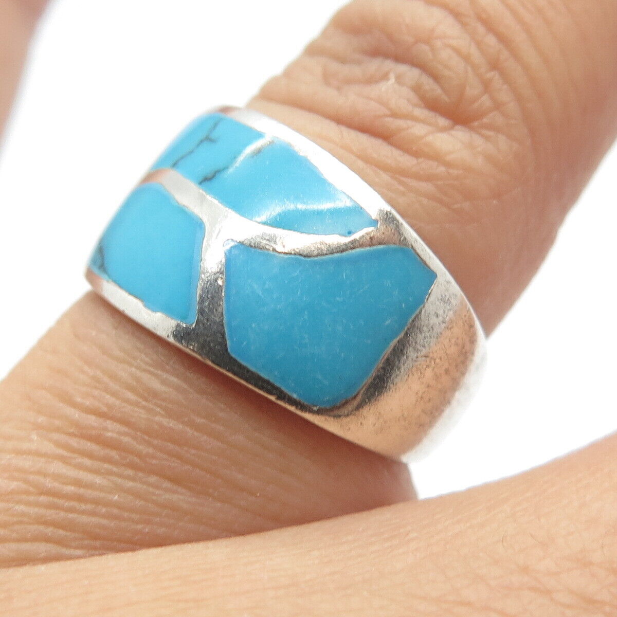 925 Sterling Silver Vintage Real Turquoise Gem Ring Size 6.75