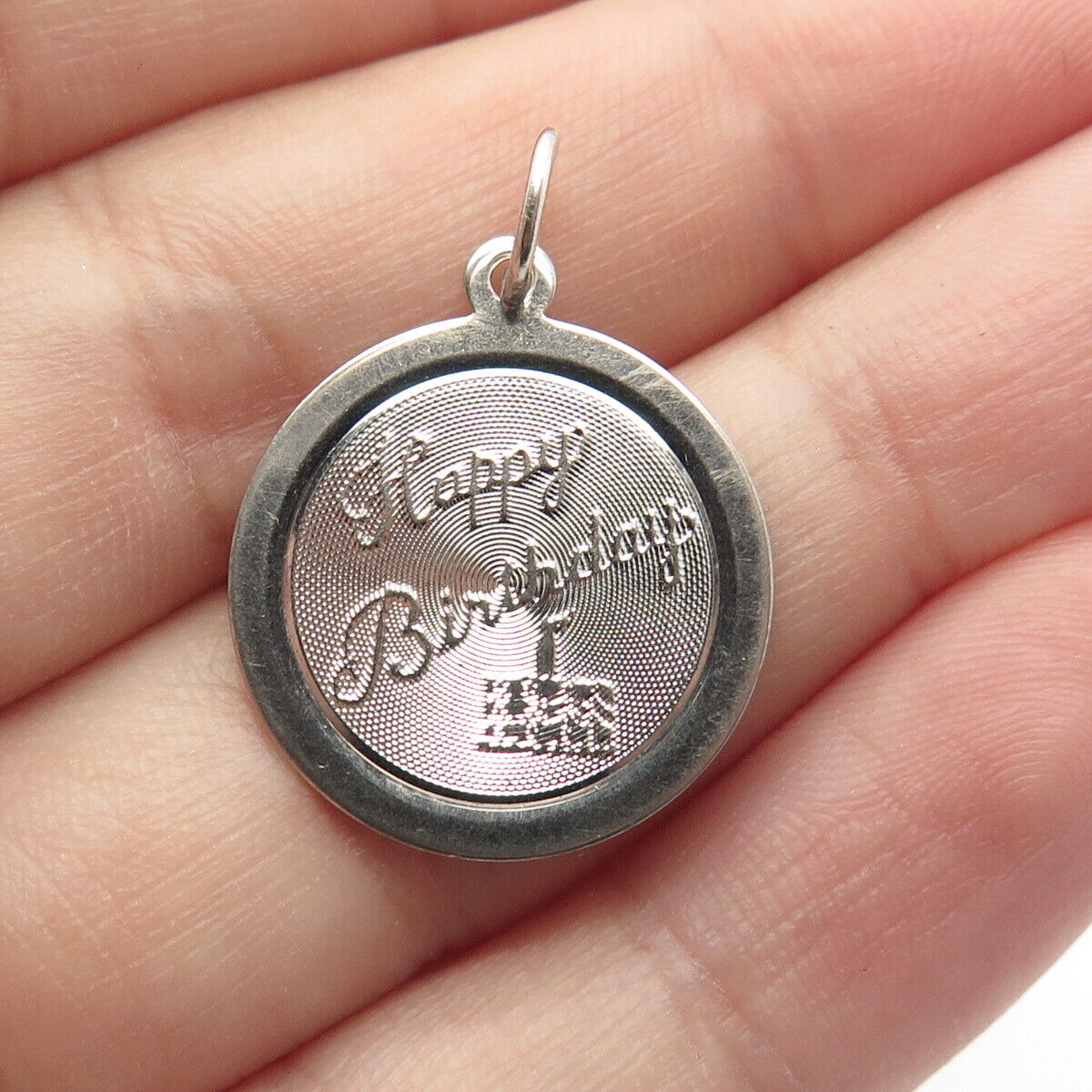 925 Sterling Silver Vintage Textured "Happy Birthday" Round Pendant