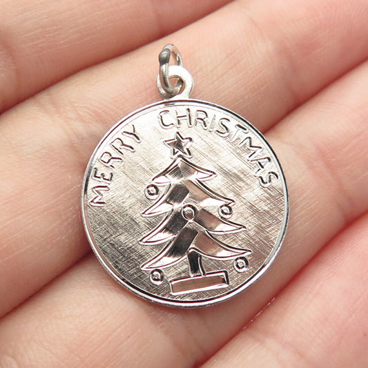 925 Sterling Silver Vintage "Merry Christmas" New Year Tree Round Pendant