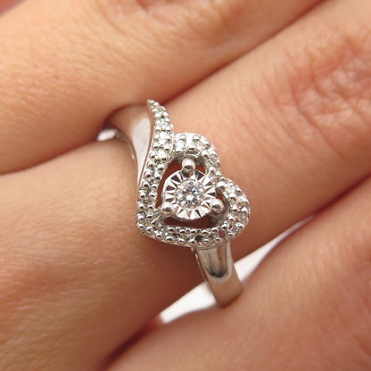 925 Sterling Silver Real White Diamond Heart Ring Size 7