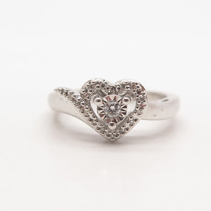 925 Sterling Silver Real White Diamond Heart Ring Size 7