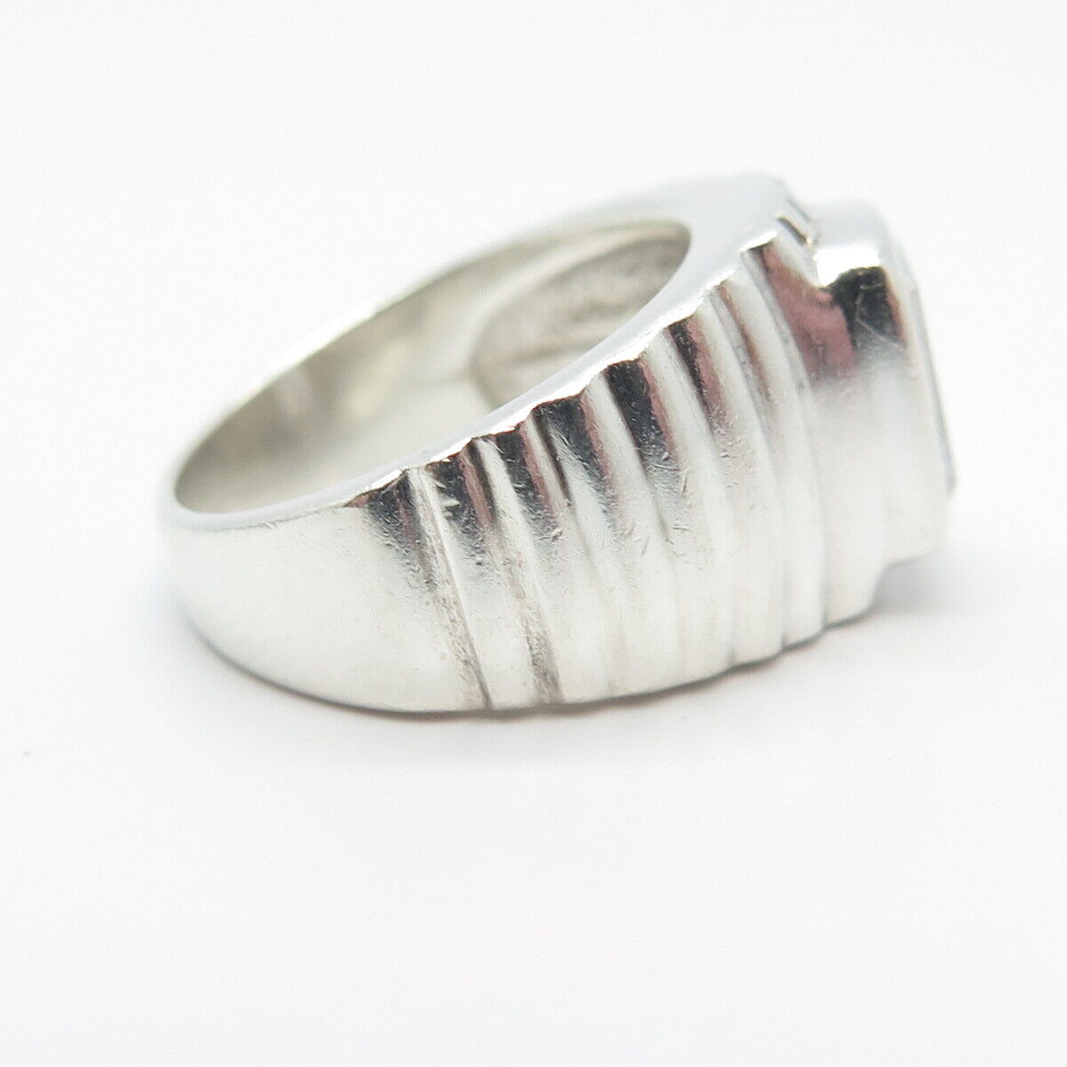 925 Sterling Silver Vintage C Z Ribbed Wide Ring Size 5