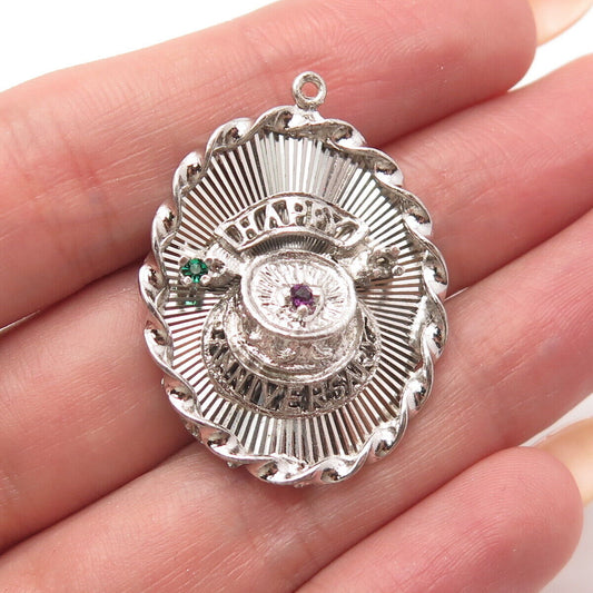 925 Sterling Silver Vintage Multi-Color C Z "Happy Anniversary" Cake Pendant