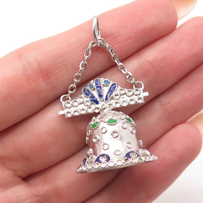 925 Sterling Silver Antique Portugal Colorful Enamel Bell Pendant