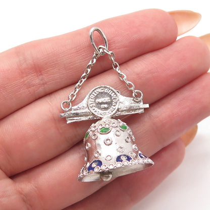 925 Sterling Silver Antique Portugal Colorful Enamel Bell Pendant