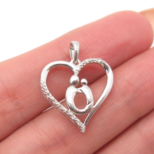 925 Sterling Silver Real Diamond Mother & Baby Heart Pendant