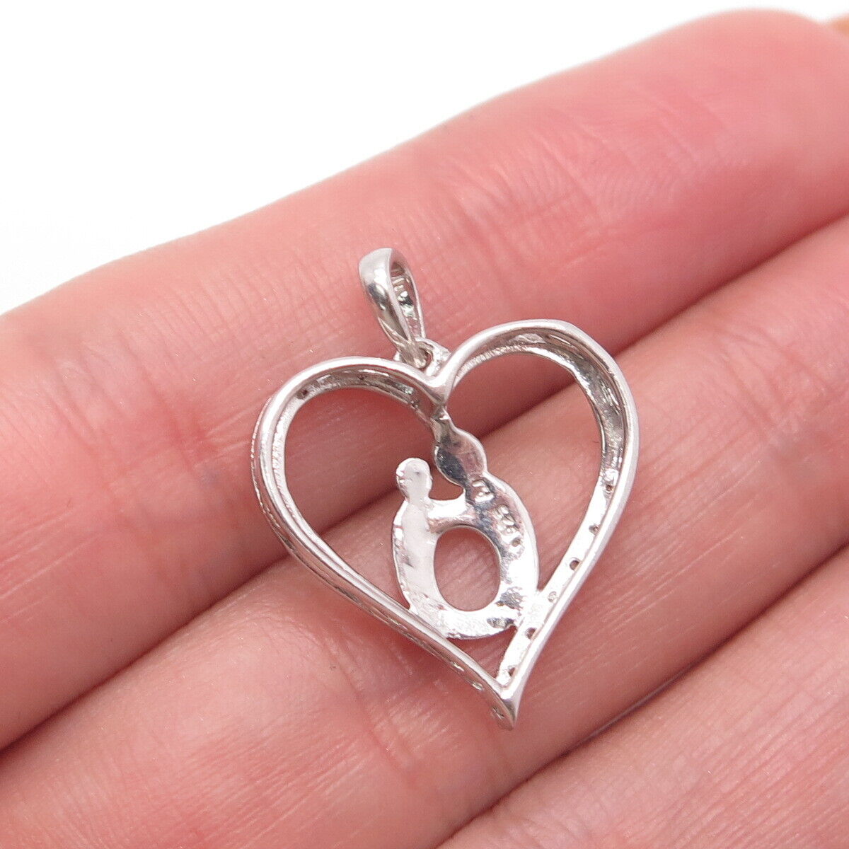 925 Sterling Silver Real Diamond Mother & Baby Heart Pendant