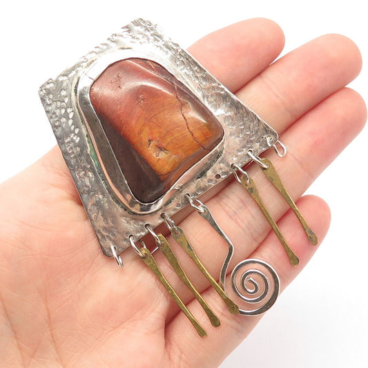 925 Sterling Silver 2-Tone Vintage Real Tiger Eye Gemstone Tribal Pin Brooch