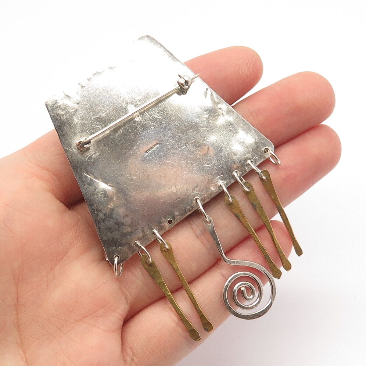 925 Sterling Silver 2-Tone Vintage Real Tiger Eye Gemstone Tribal Pin Brooch