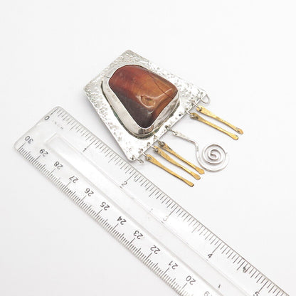 925 Sterling Silver 2-Tone Vintage Real Tiger Eye Gemstone Tribal Pin Brooch