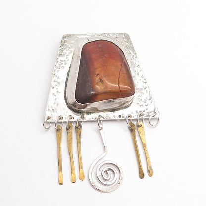 925 Sterling Silver 2-Tone Vintage Real Tiger Eye Gemstone Tribal Pin Brooch