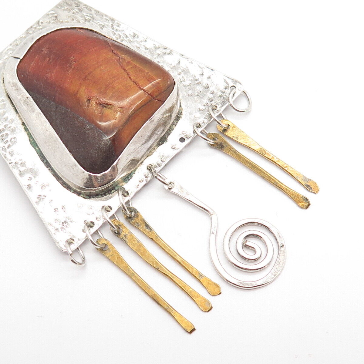 925 Sterling Silver 2-Tone Vintage Real Tiger Eye Gemstone Tribal Pin Brooch