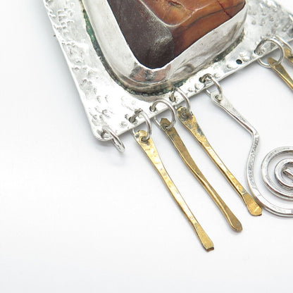 925 Sterling Silver 2-Tone Vintage Real Tiger Eye Gemstone Tribal Pin Brooch