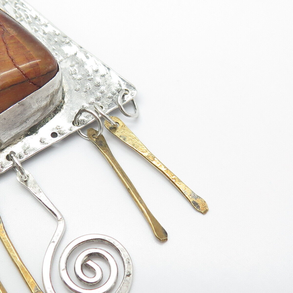 925 Sterling Silver 2-Tone Vintage Real Tiger Eye Gemstone Tribal Pin Brooch