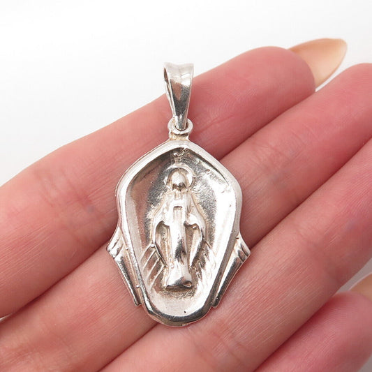 925 Sterling Silver Vintage Theda Virgin Mary Religious Pendant