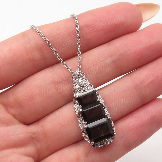 925 Sterling Silver STS Real Smoky Quartz Graduated Rolo Chain Necklace 20"