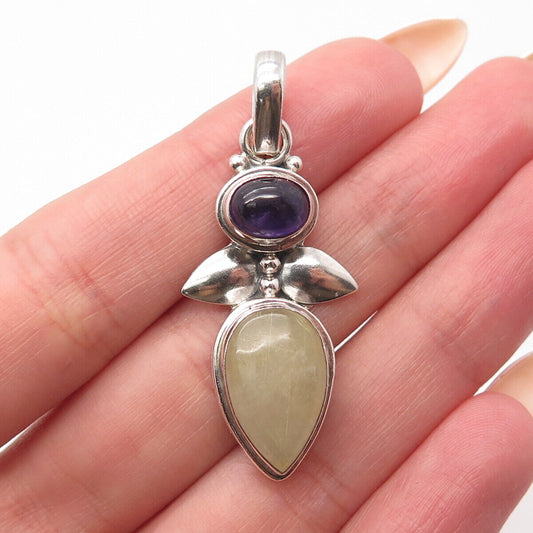 925 Sterling Silver Vintage Real Quartz & Amethyst Gemstone Pendant