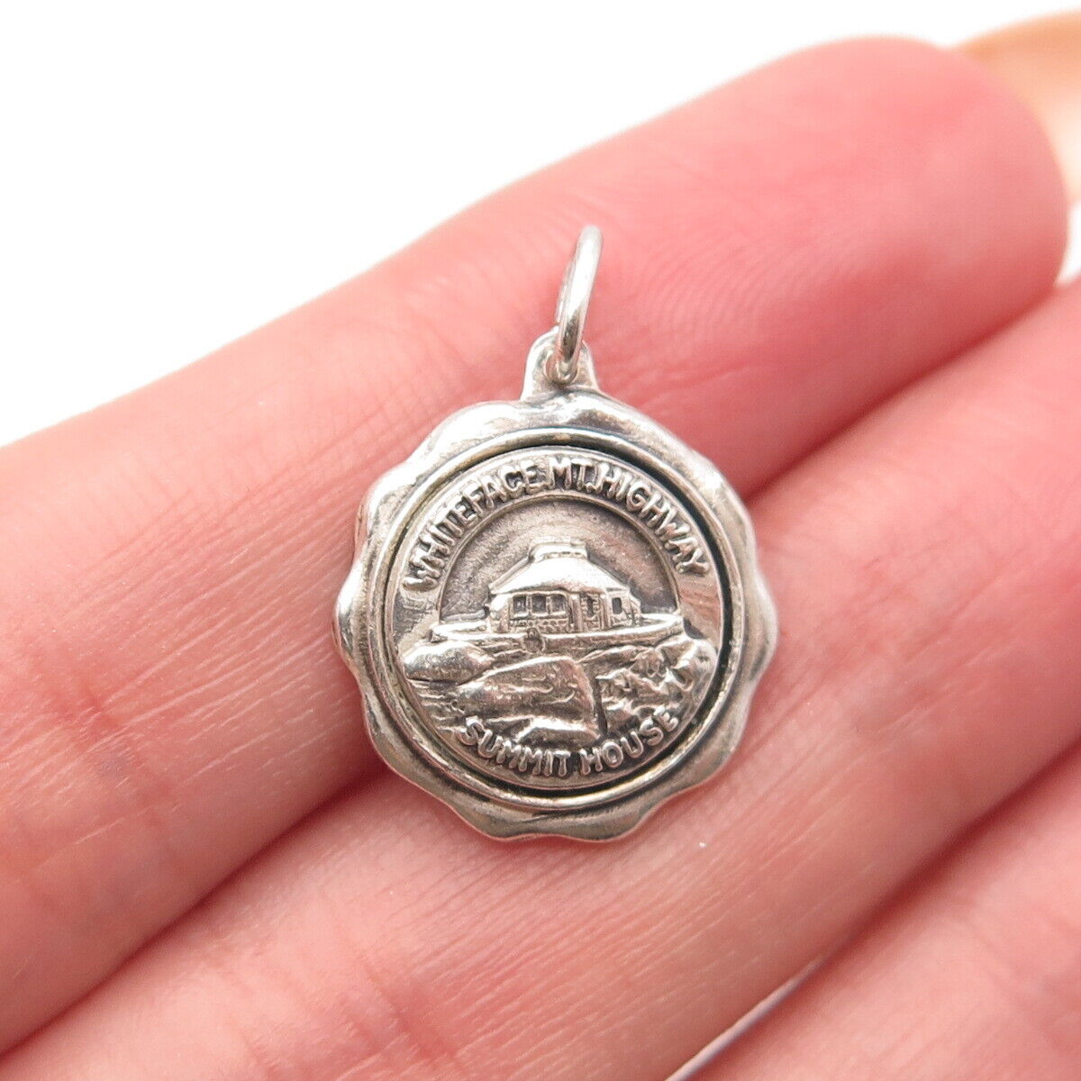 925 Sterling Silver Vintage Whiteface MT. Highway Summit House Round Pendant