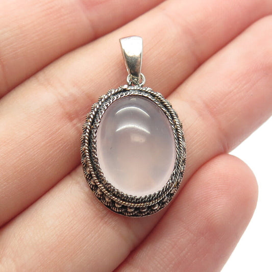 925 Sterling Silver Vintage Real Rose Quartz Twisted Oval Pendant