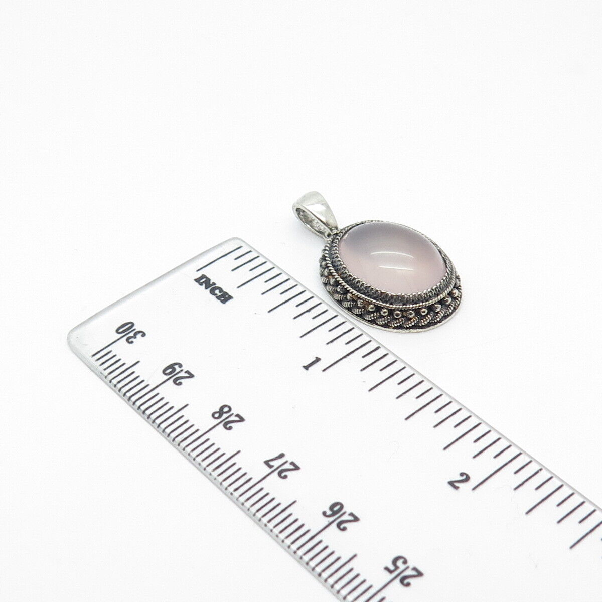 925 Sterling Silver Vintage Real Rose Quartz Twisted Oval Pendant