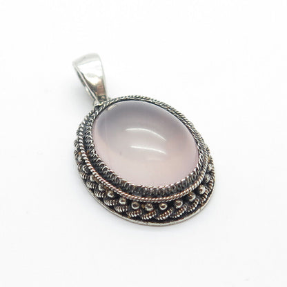 925 Sterling Silver Vintage Real Rose Quartz Twisted Oval Pendant