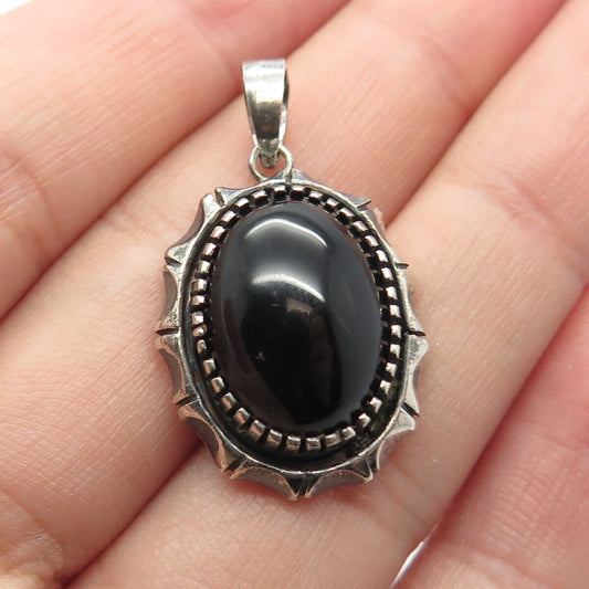 925 Sterling Silver Vintage Real Black Onyx Gem Oval Pendant