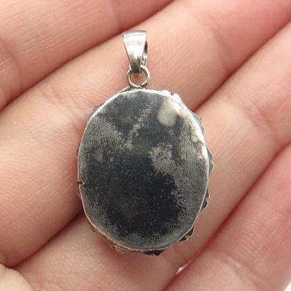 925 Sterling Silver Vintage Real Black Onyx Gem Oval Pendant