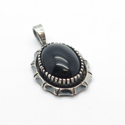 925 Sterling Silver Vintage Real Black Onyx Gem Oval Pendant