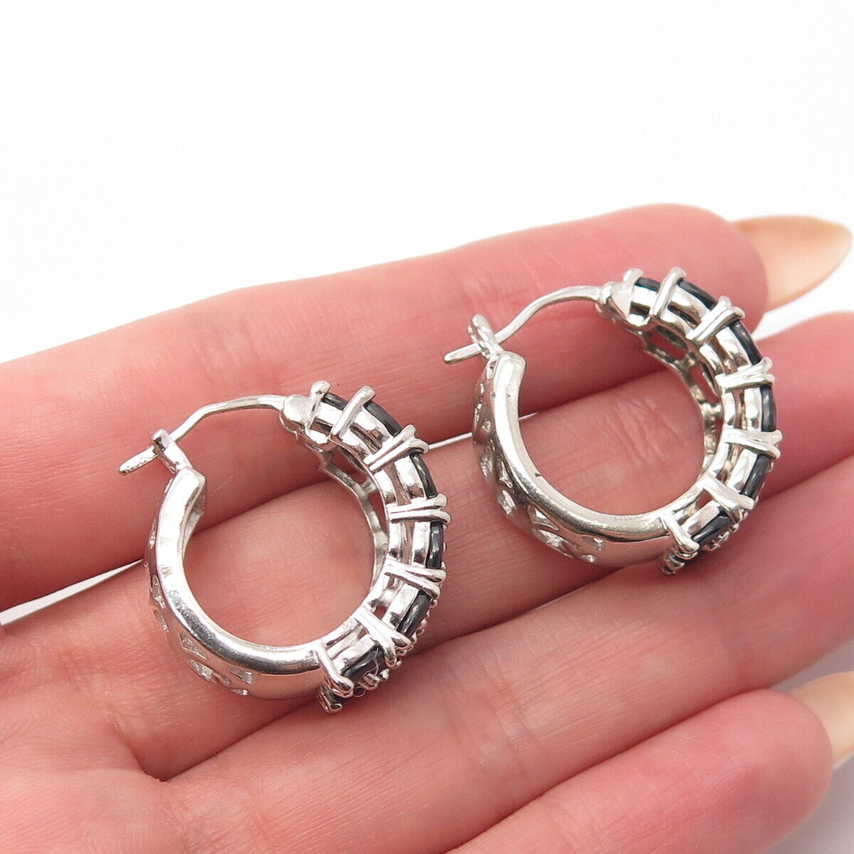 925 Sterling Silver FAS Real Sapphire Gem Round Hoop Earrings