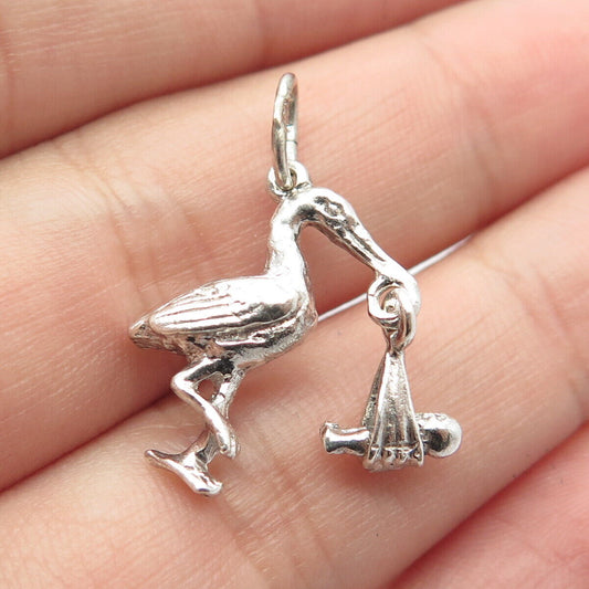 925 Sterling Silver Vintage Stork w/ Baby Pendant